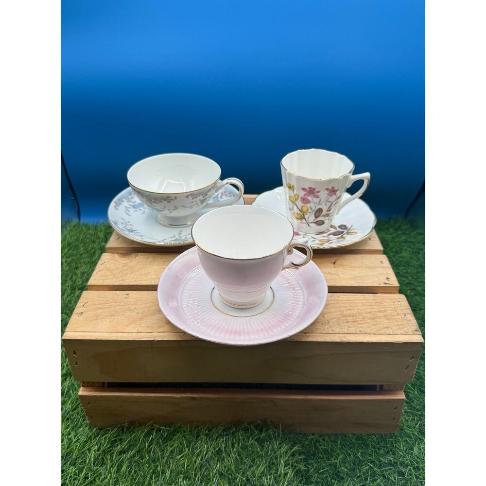 Vintage Tea Cup & Saucer Trio Mixed Lot-Royal Dover Imperial China- MVCo Germany